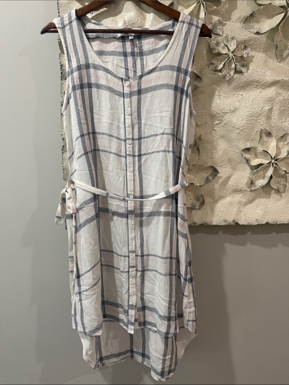 Cupcakes and Cashmere Plaid Shirt Dress Small White Gray Tie Waist Rayon